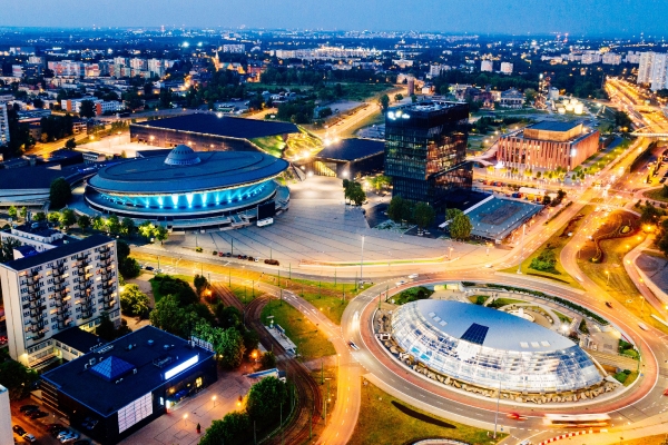 Katowice, Poland skyline at dusk